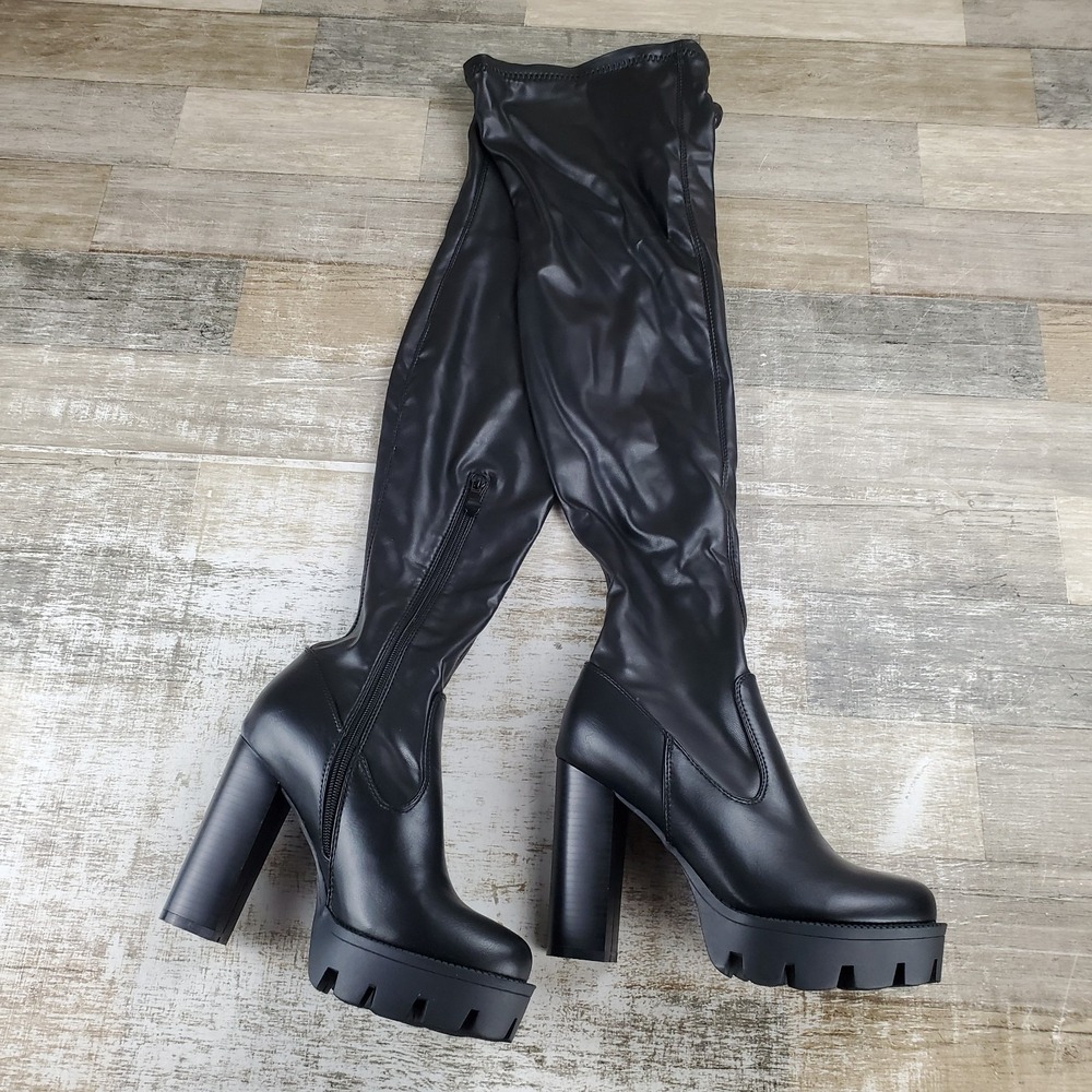 Azalea Wang Ashland Womens Platform Boots Sz 8 Black Leather 4-Way Stretch